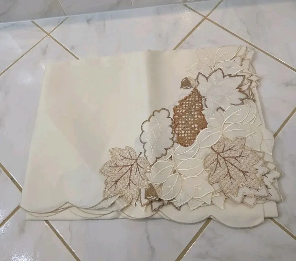 Evermaple Neutral Embroidered Fall Leaf Tablecloth 60x84 Rectangular Cutwork...